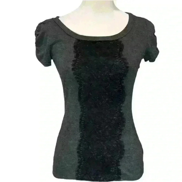 Iz Byer Tops - Iz Byer Y2K gray short sleeve top with black lace detail size small